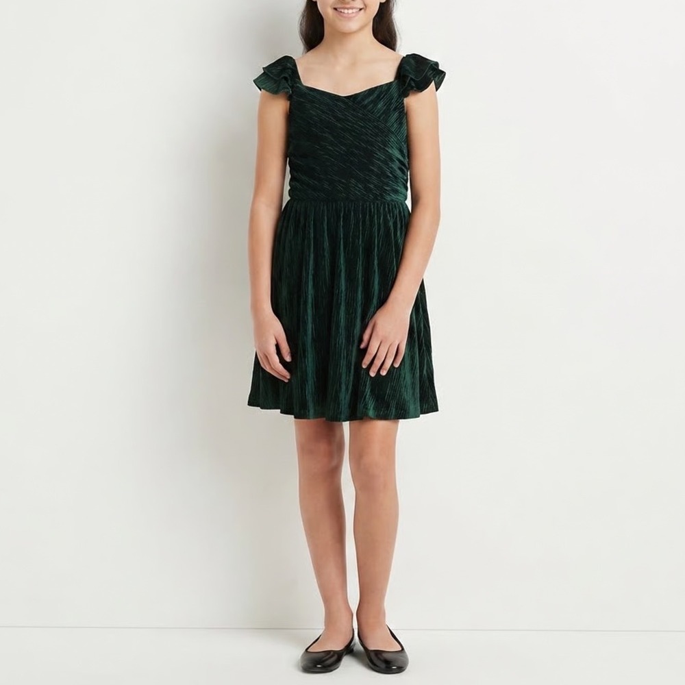 Lilt Girls Hunter Green Crushed Velvet Ruffle Sleeve Party Dress XL 16
